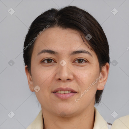 Joyful white young-adult female with medium  brown hair and brown eyes