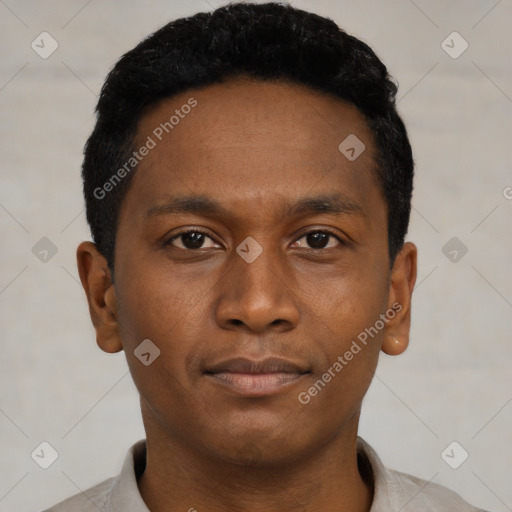 Neutral black young-adult male with short  black hair and brown eyes