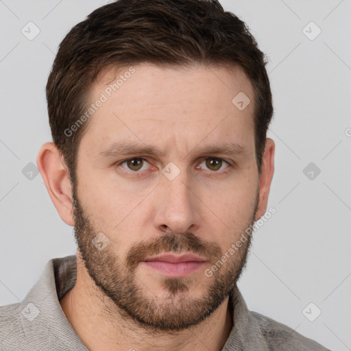 Neutral white young-adult male with short  brown hair and grey eyes