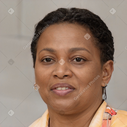 Joyful black adult female with short  brown hair and brown eyes