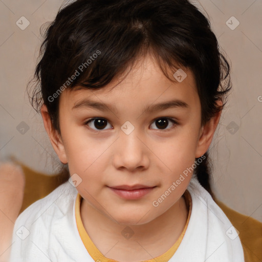 Joyful white child female with medium  brown hair and brown eyes