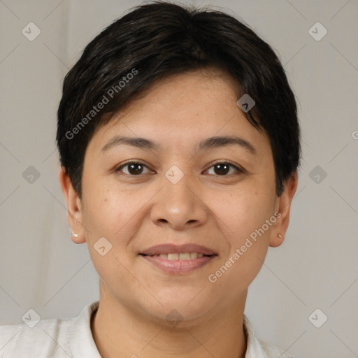 Joyful white young-adult female with short  brown hair and brown eyes