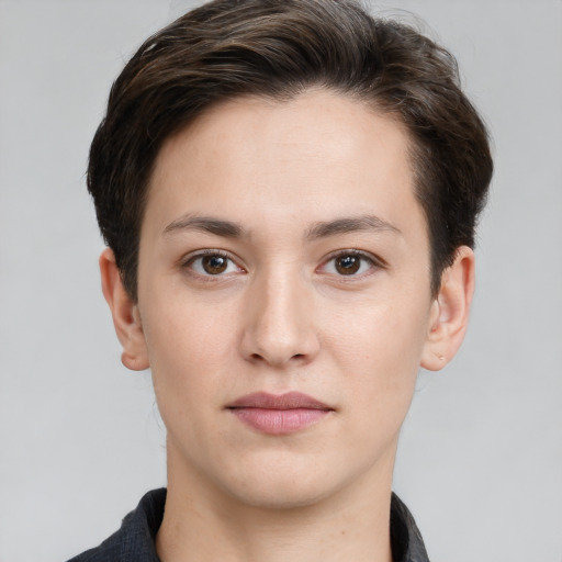 Neutral white young-adult female with short  brown hair and brown eyes