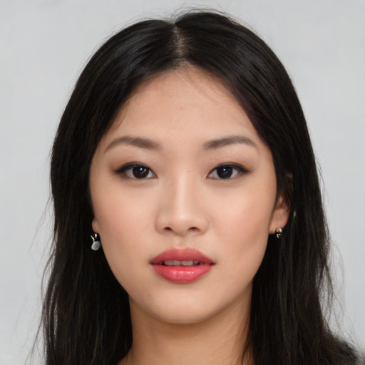 Neutral asian young-adult female with long  black hair and brown eyes
