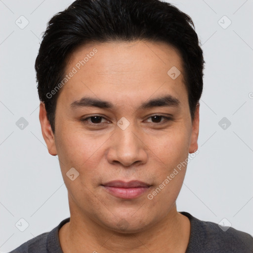 Joyful white young-adult male with short  black hair and brown eyes