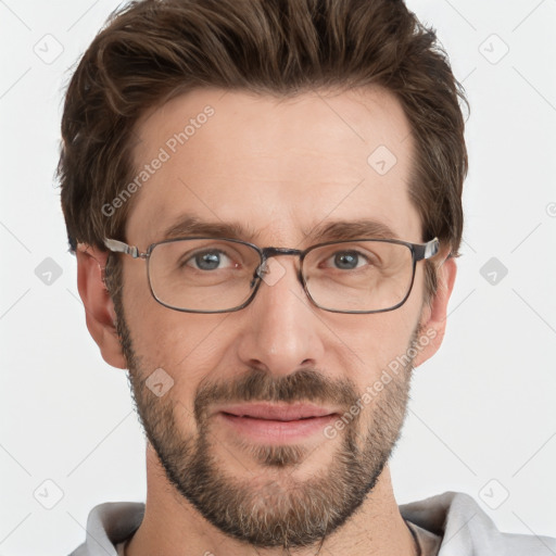 Joyful white adult male with short  brown hair and grey eyes