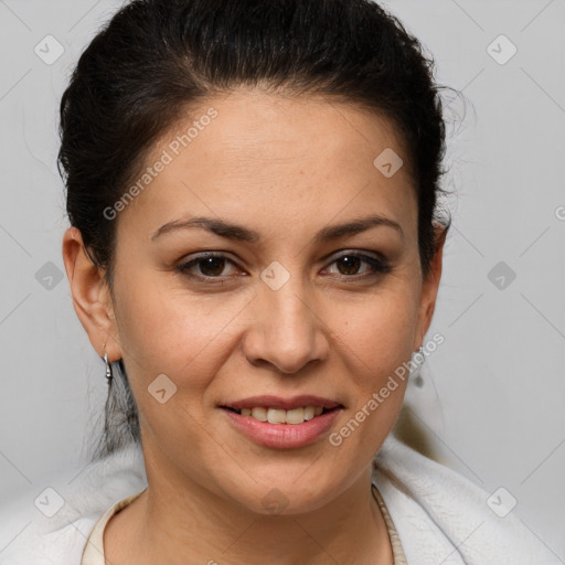 Joyful white adult female with medium  brown hair and brown eyes
