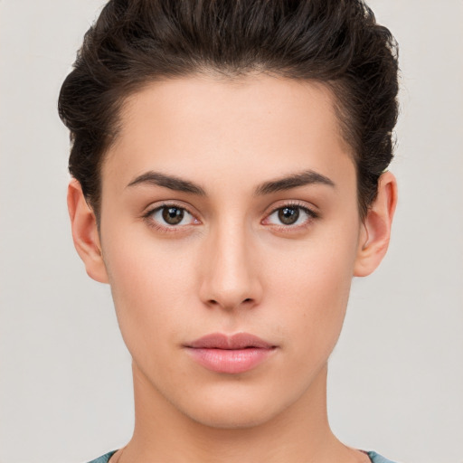 Neutral white young-adult female with short  brown hair and brown eyes