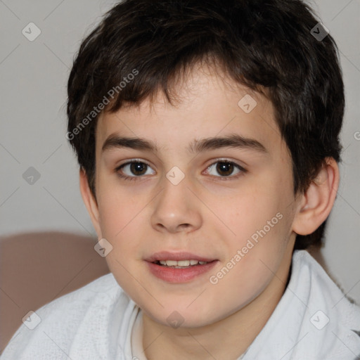 Joyful white child male with short  brown hair and brown eyes