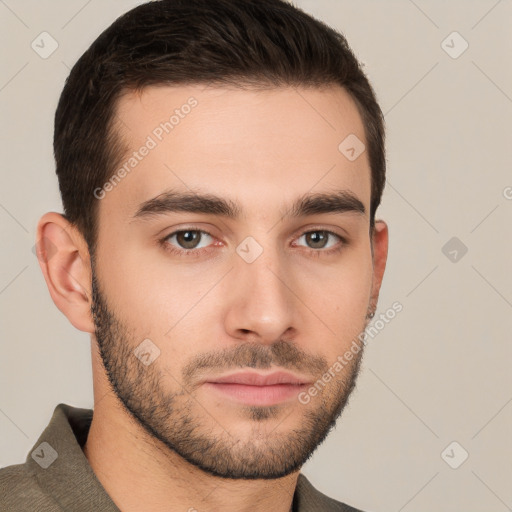 Neutral white young-adult male with short  brown hair and brown eyes