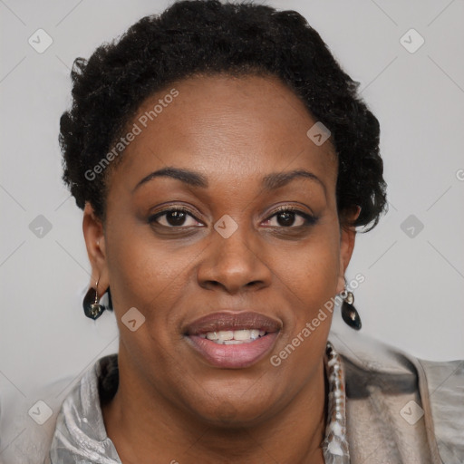 Joyful black adult female with short  brown hair and brown eyes