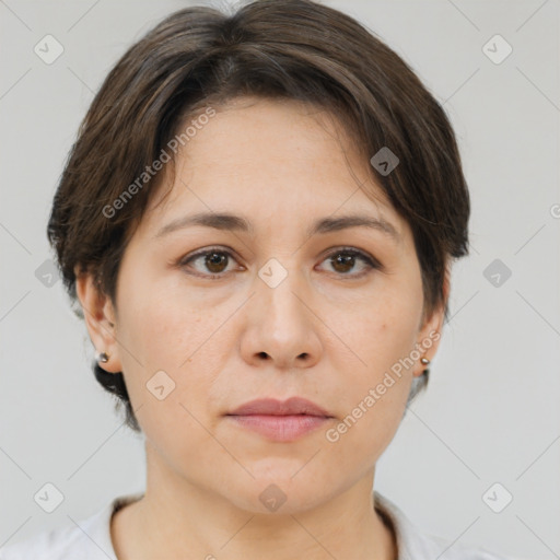 Neutral white young-adult female with short  brown hair and brown eyes