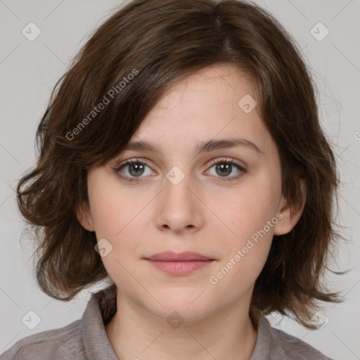 Neutral white young-adult female with medium  brown hair and brown eyes