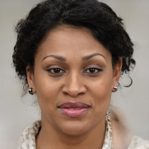 Joyful black adult female with medium  brown hair and brown eyes