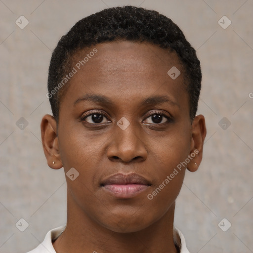 Joyful black young-adult female with short  brown hair and brown eyes