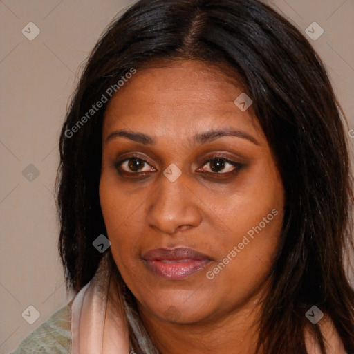 Joyful white adult female with long  brown hair and brown eyes