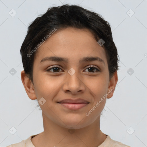 Joyful latino young-adult female with short  brown hair and brown eyes