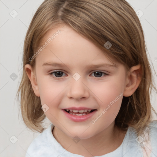 Joyful white child female with medium  brown hair and brown eyes