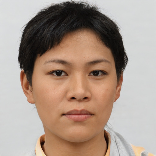 Neutral asian young-adult female with short  brown hair and brown eyes