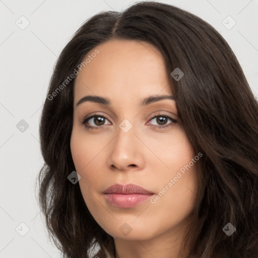 Neutral white young-adult female with long  brown hair and brown eyes