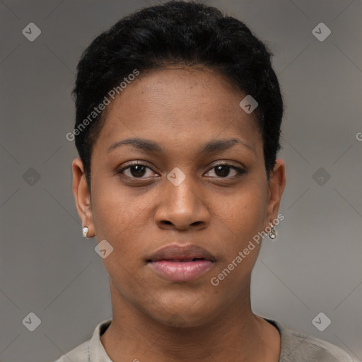 Joyful black young-adult female with short  black hair and brown eyes