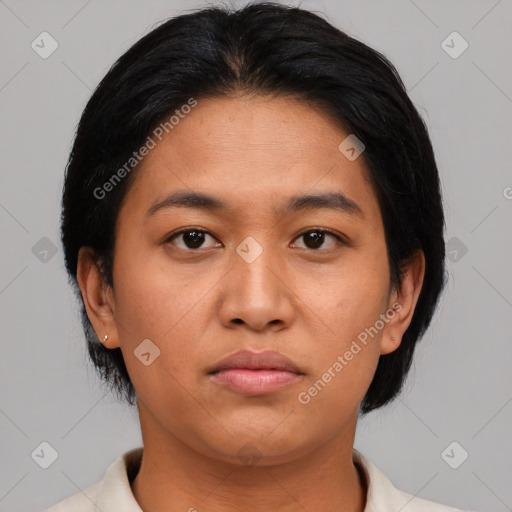 Neutral asian young-adult female with short  black hair and brown eyes