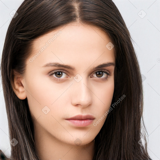 Neutral white young-adult female with long  brown hair and brown eyes