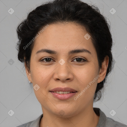 Joyful latino young-adult female with short  brown hair and brown eyes