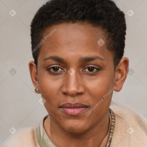 Neutral black young-adult female with short  brown hair and brown eyes