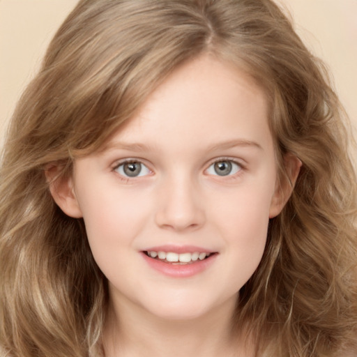 Joyful white child female with long  brown hair and grey eyes