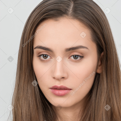 Neutral white young-adult female with long  brown hair and brown eyes