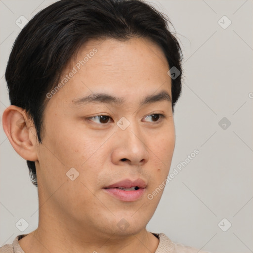 Neutral white young-adult male with short  brown hair and brown eyes