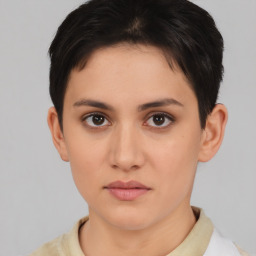 Neutral white young-adult female with short  brown hair and brown eyes