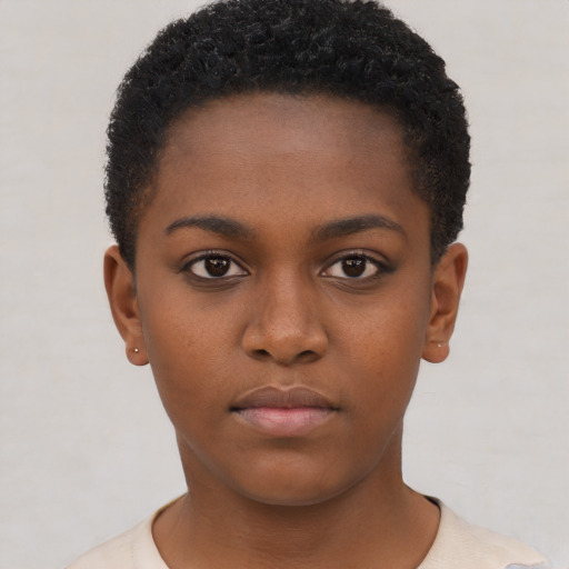 Neutral black young-adult female with short  brown hair and brown eyes
