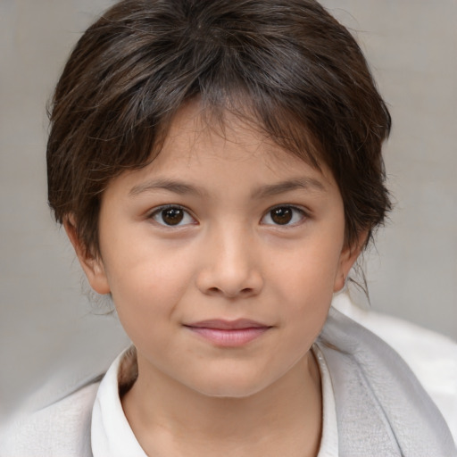 Joyful white child female with medium  brown hair and brown eyes