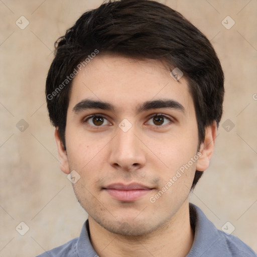 Neutral white young-adult male with short  black hair and brown eyes
