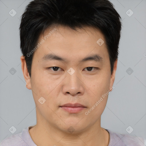 Neutral asian young-adult male with short  brown hair and brown eyes