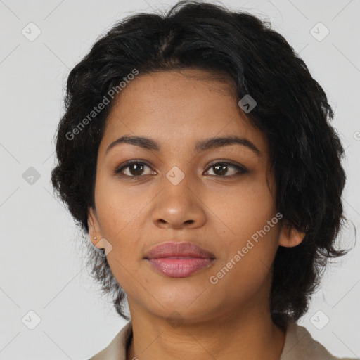 Joyful latino young-adult female with long  black hair and brown eyes