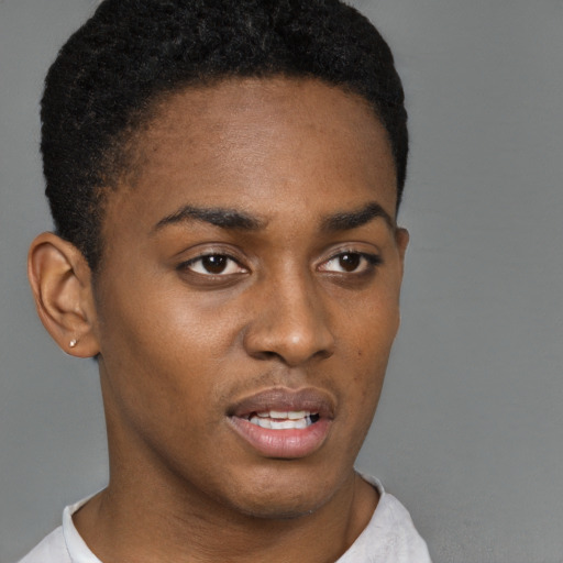 Neutral black young-adult female with short  brown hair and brown eyes