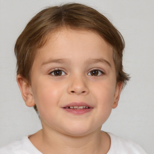 Joyful white child female with short  brown hair and brown eyes