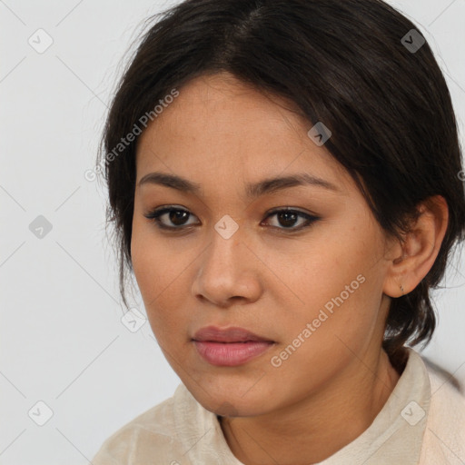 Neutral asian young-adult female with medium  brown hair and brown eyes