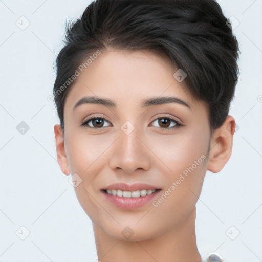 Joyful white young-adult female with short  brown hair and brown eyes