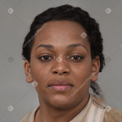 Neutral black young-adult female with short  brown hair and brown eyes