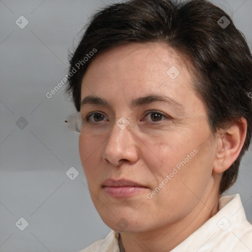 Joyful white adult female with short  brown hair and brown eyes