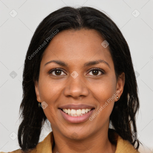 Joyful black young-adult female with medium  brown hair and brown eyes