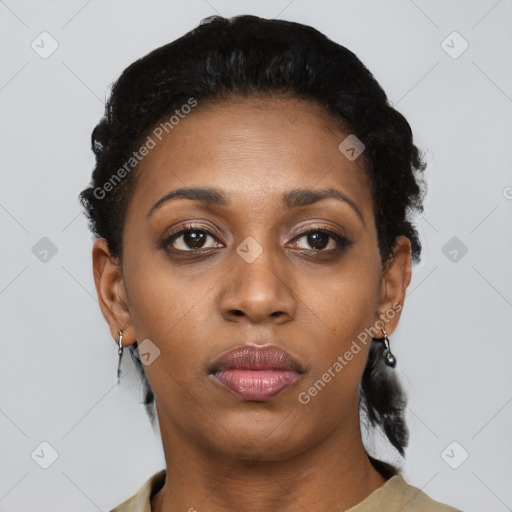 Neutral black young-adult female with short  black hair and brown eyes