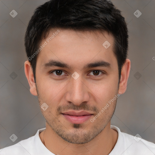 Joyful white young-adult male with short  brown hair and brown eyes