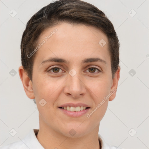 Joyful white young-adult female with short  brown hair and brown eyes