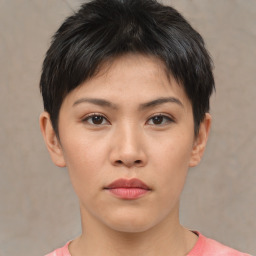 Neutral asian young-adult female with short  brown hair and brown eyes