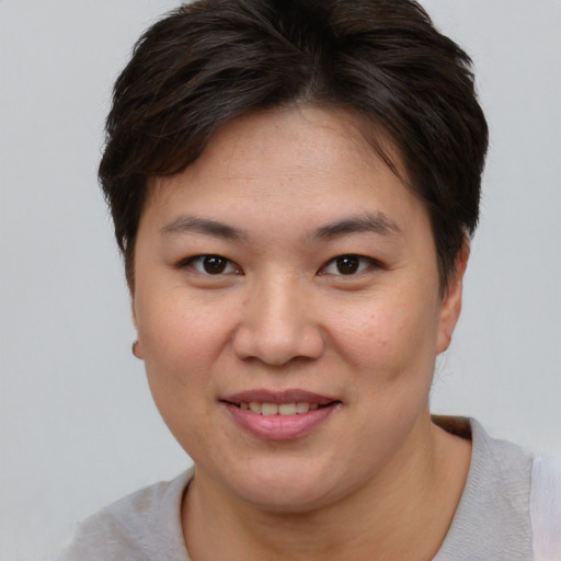 Joyful asian young-adult female with short  brown hair and brown eyes